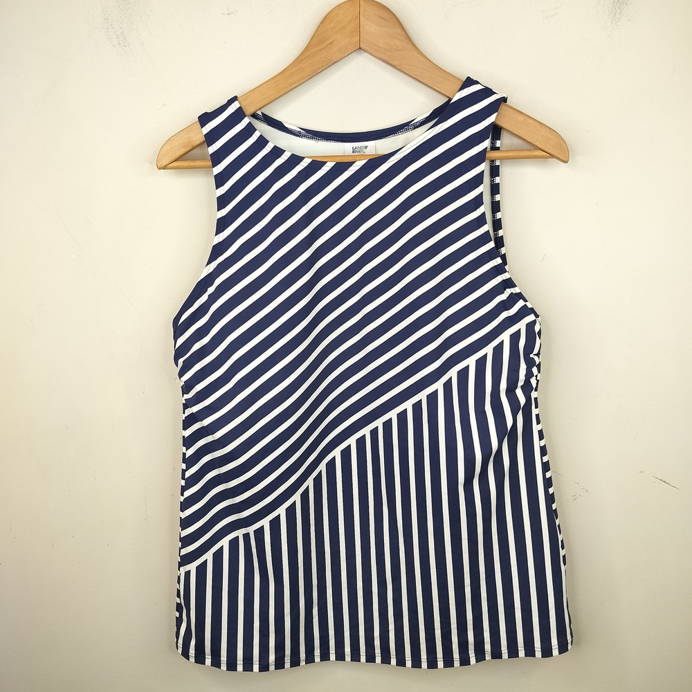 Lands End Tankini Swim Top 14 (Mastectomy) Navy Striped Nautical Sleeveless